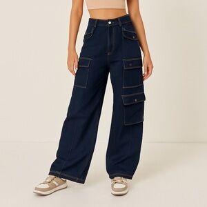 Peppermayo Exclusive Wide Leg Denim Cargo Pants